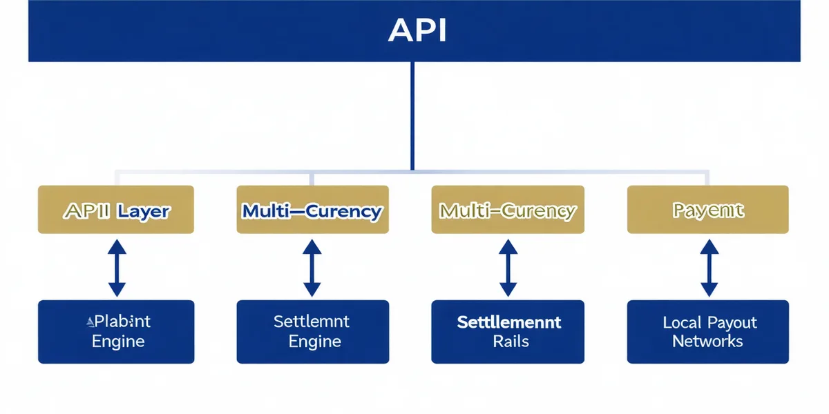 JuniGo platform architecture showing API layer, multi-currency engine, settlement rails, and local payout networks